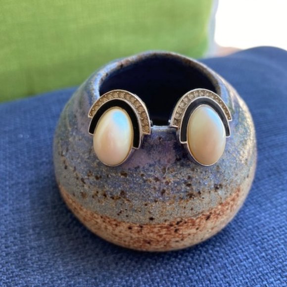 VTG GIVENCHY Paris New York Silver Pearl Rhinestone EARRINGS - Picture 3 of 8